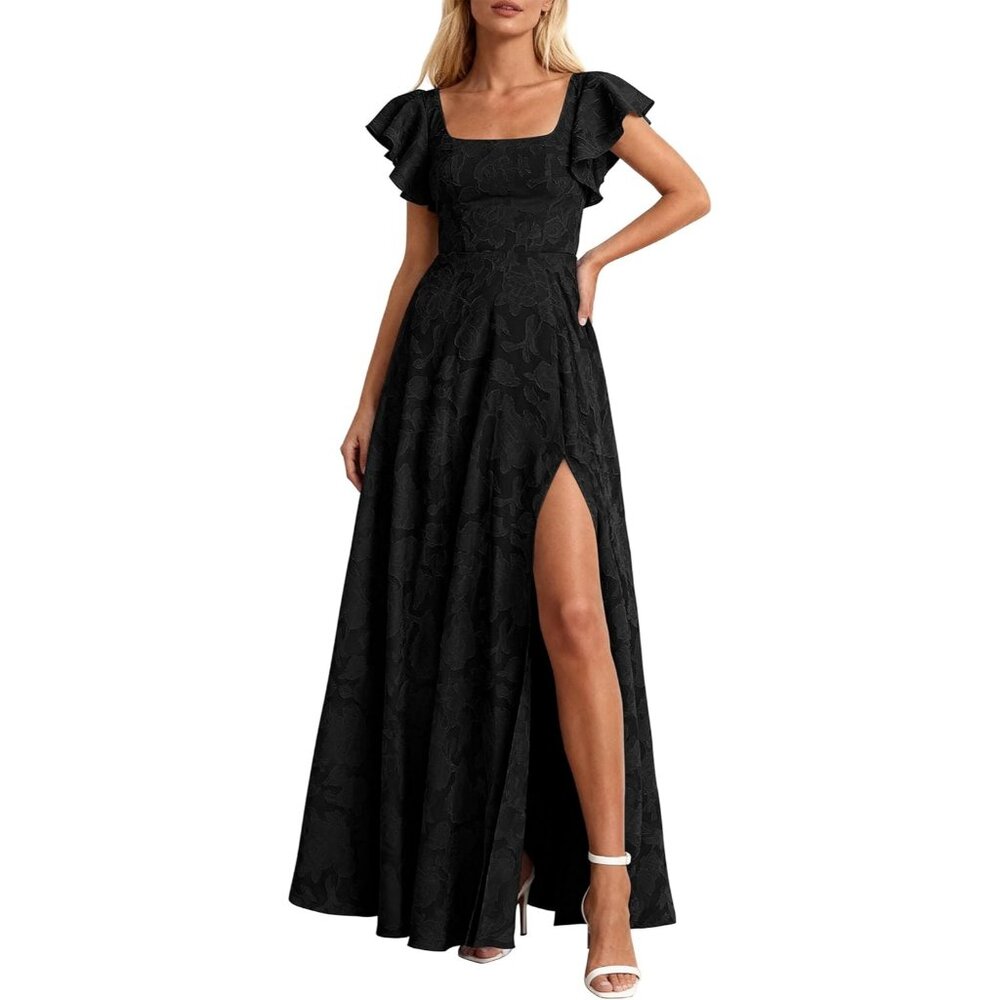 Women Black Elegant Formal Maxi Lace Floral Slit Prom Party Wedding Guest Dress